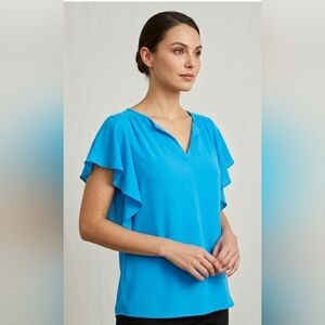 BNWT Counterparts Blue Turquoise Blouse L Ruffle Sleeve Office Coastal Romantic